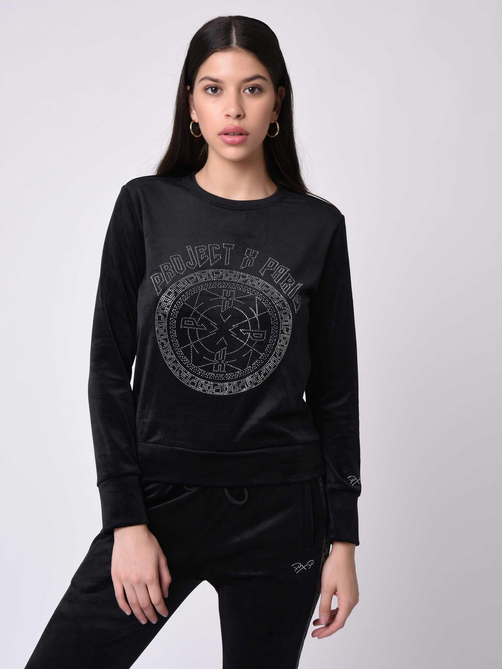 Sudadera de Terciopelo Cuello Redondo con Strass