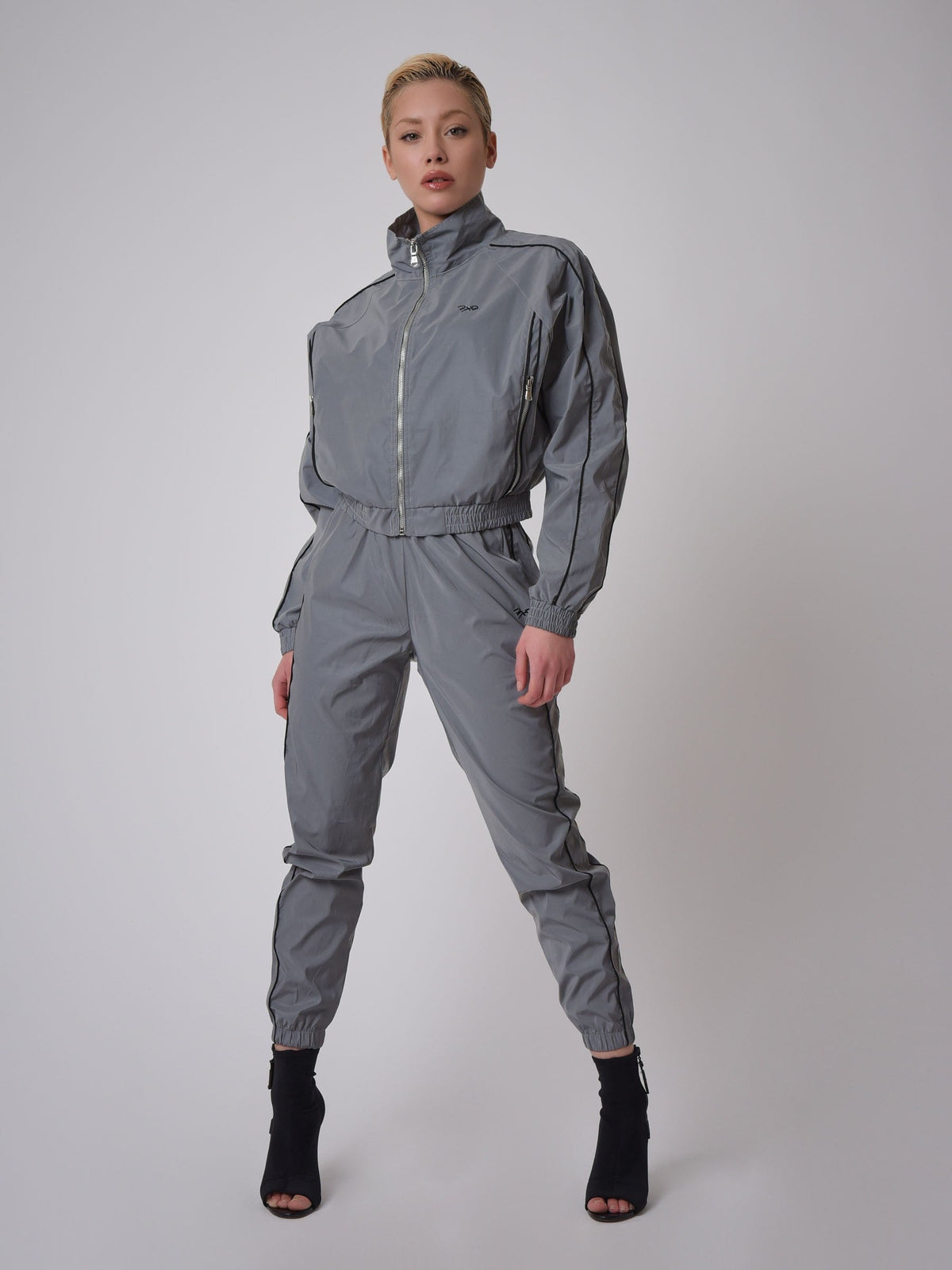 Oversized High-Neck Reflective Stretch Jacket with Trim