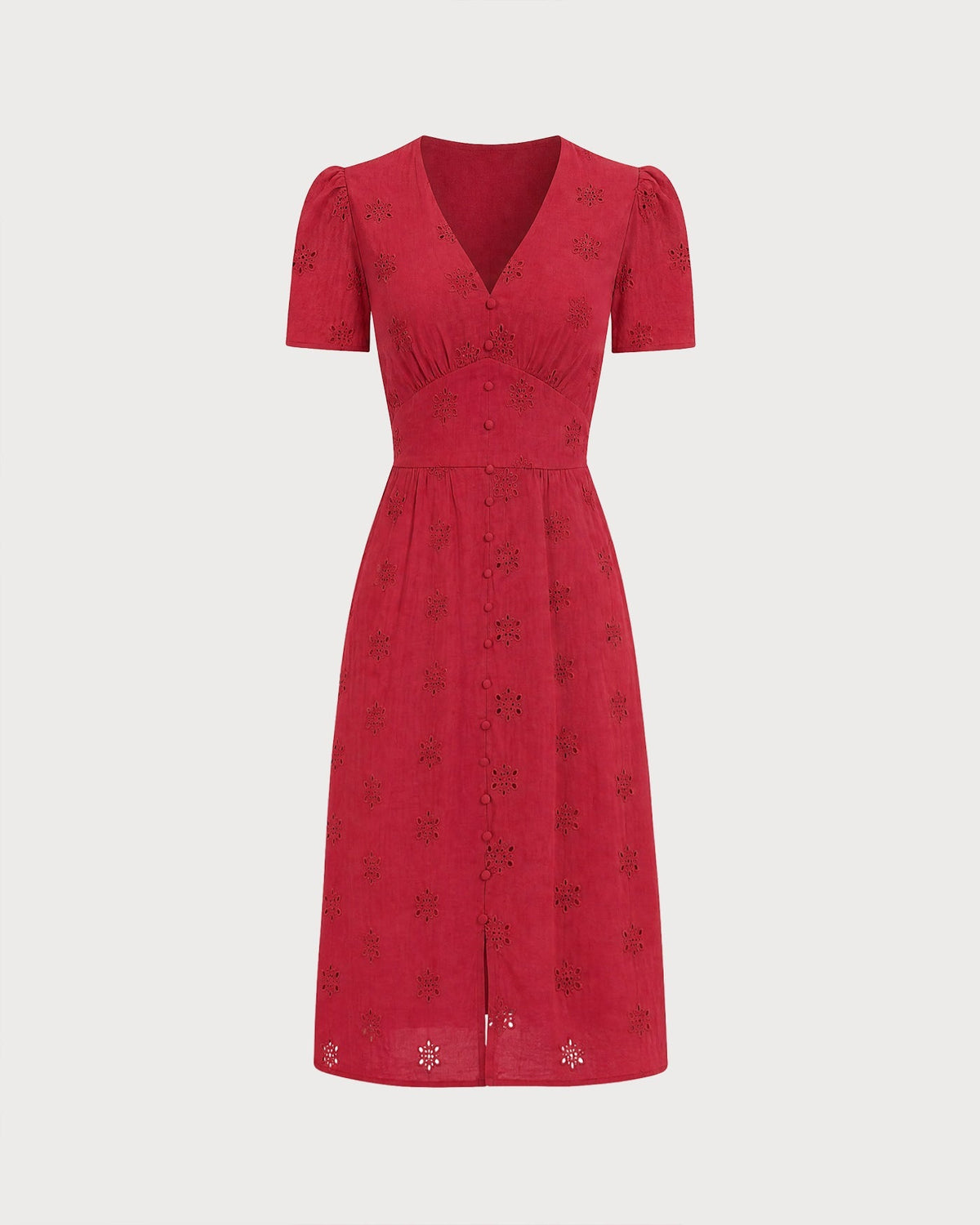 Irene | Vestido Midi de Algodón Rojo Mujer Escote V Bordado
