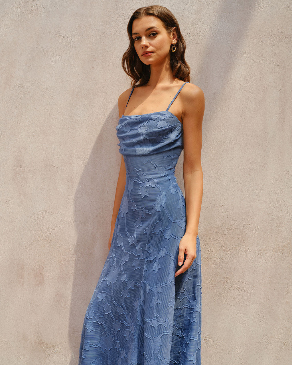 Paloma | Vestido Largo de Jacquard Floral Azul Mujer Escote Cuadrado Tirantes
