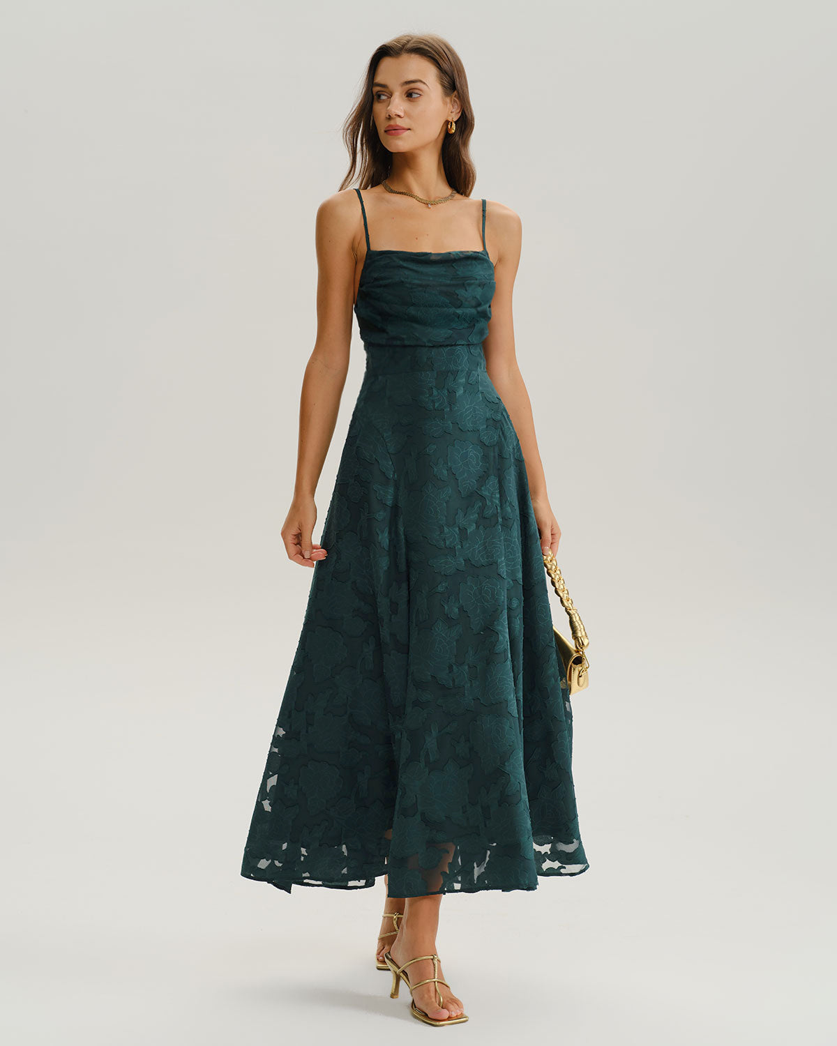 Esmeralda | Vestido Largo de Jacquard Verde Mujer Espalda Cruzada Corte A