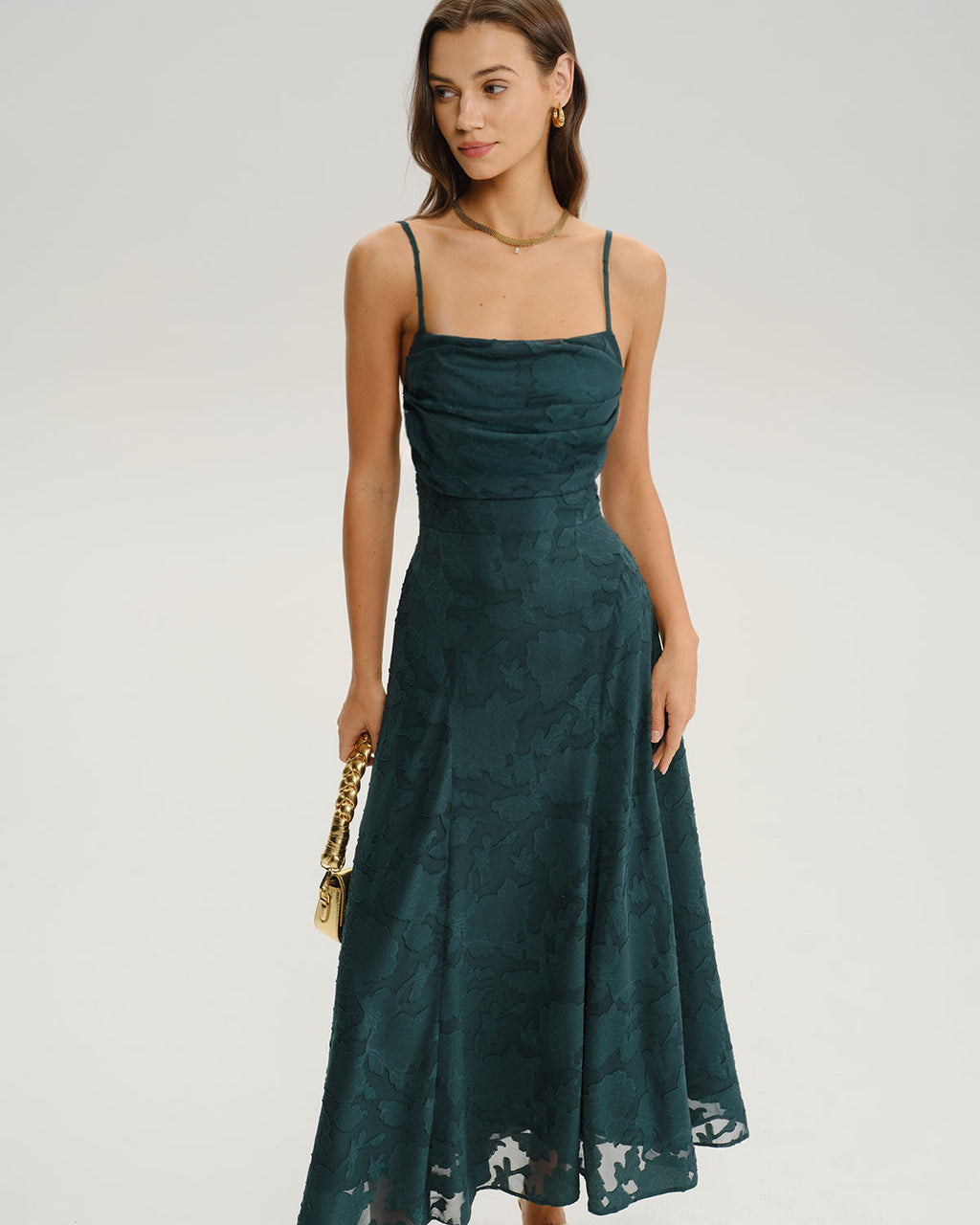 Esmeralda | Vestido Largo de Jacquard Verde Mujer Espalda Cruzada Corte A
