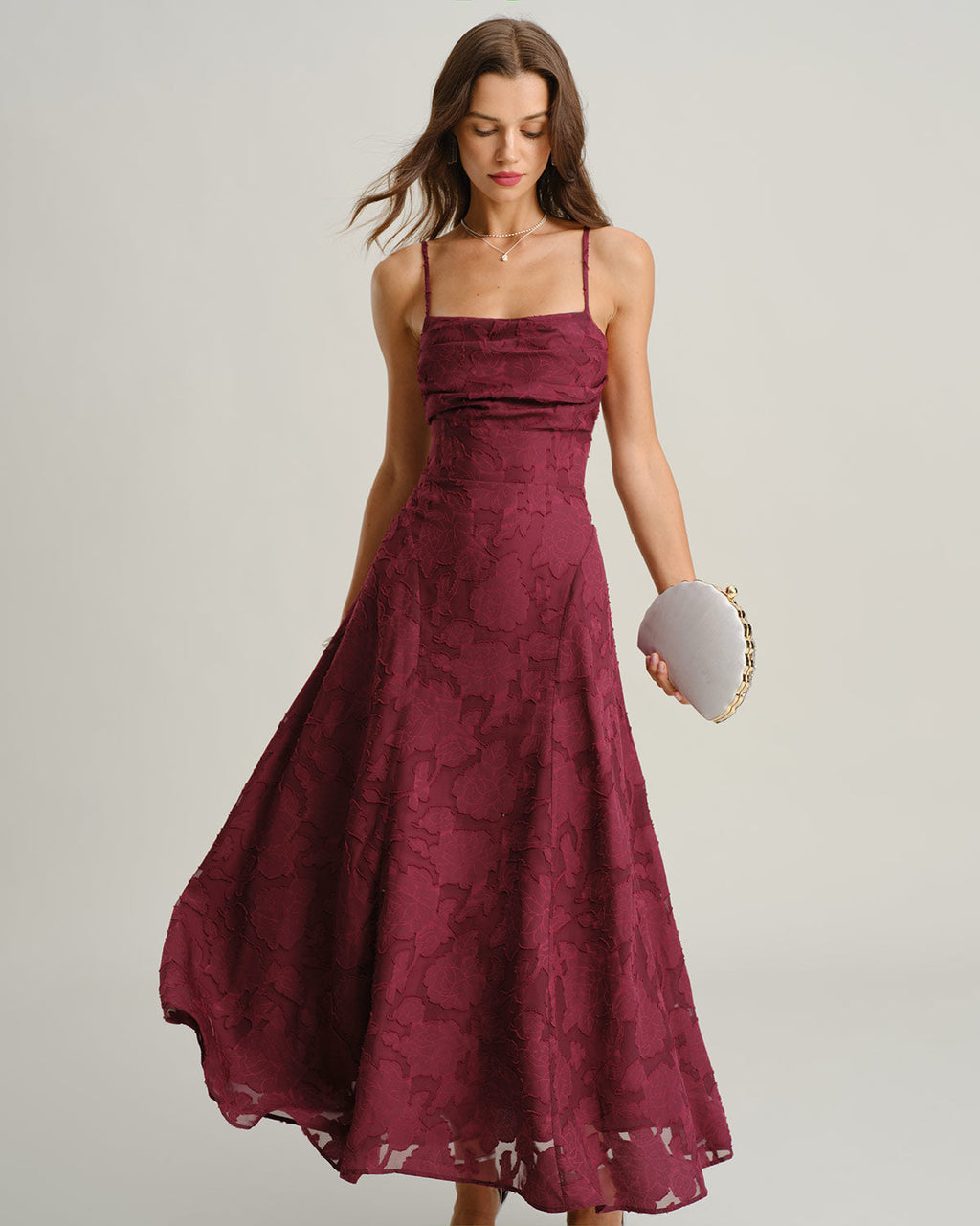 Aurora | Vestido Largo de Jacquard Burdeos Mujer Escote Cuadrado Espalda Cruzada