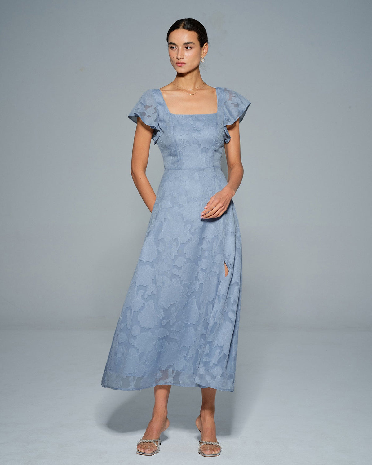 Teresa | Vestido Midi de Jacquard Floral Azul Mujer Escote Cuadrado