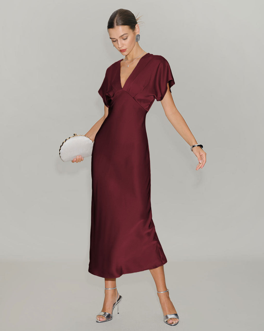 Elvira | Vestido Midi de Satén Burdeos Mujer Escote V Manga Drapeada